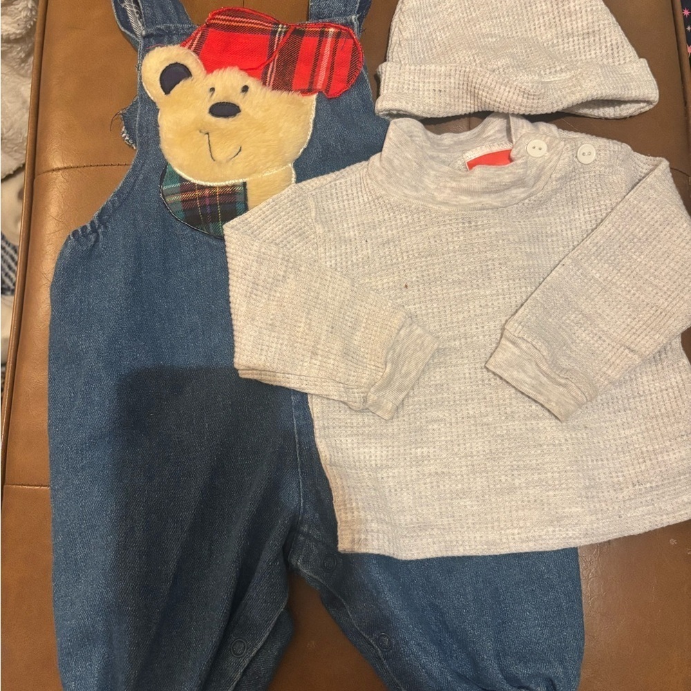 Blue Denim Bear Overalls with Gray Sweater and Hat